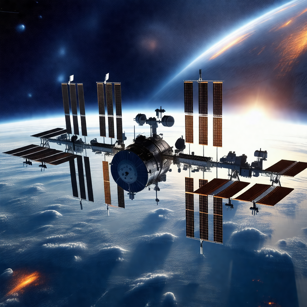 Space shuttle with a large satellite on top of it, floati...