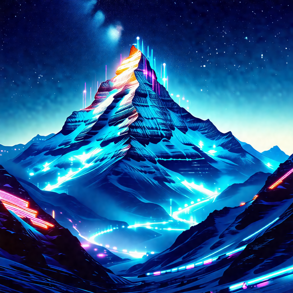 Large, colorful mountain with a rainbow-colored trail lea...