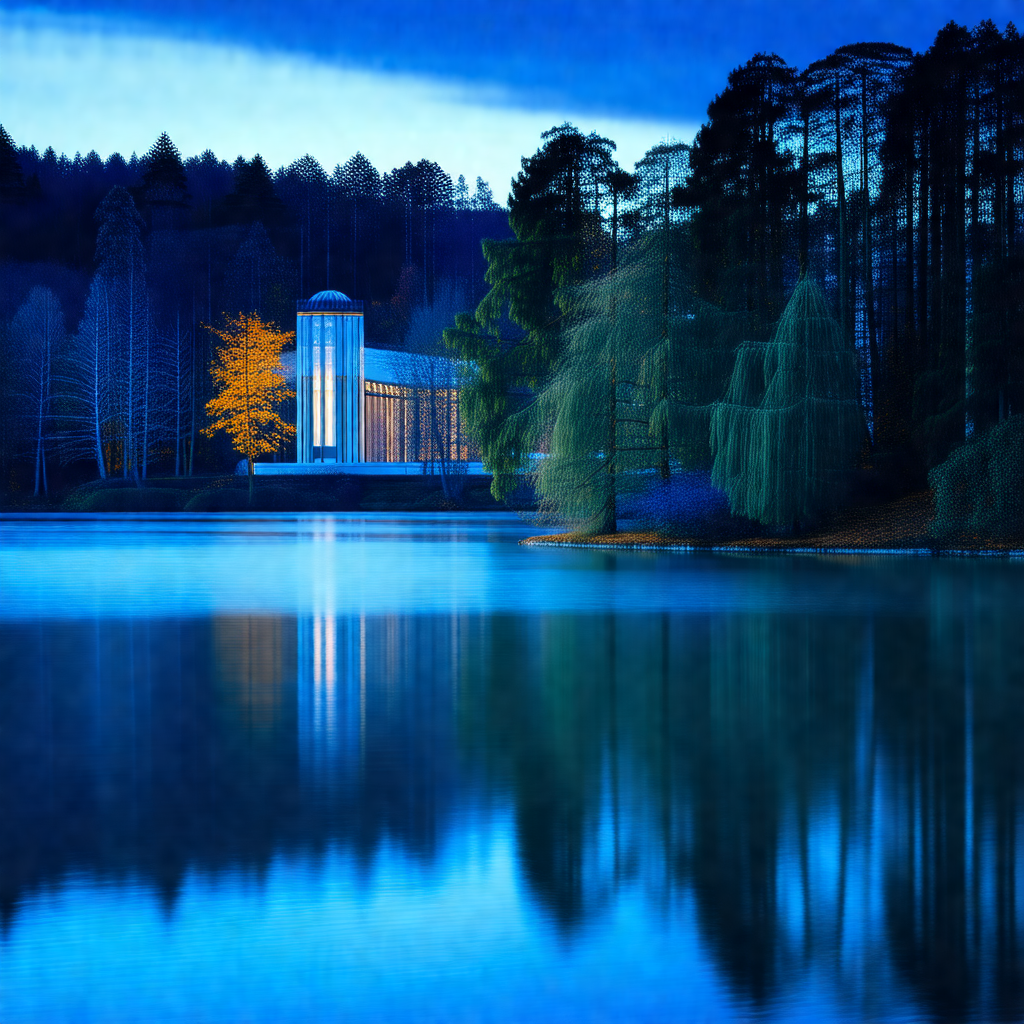Large building situated on the edge of a lake