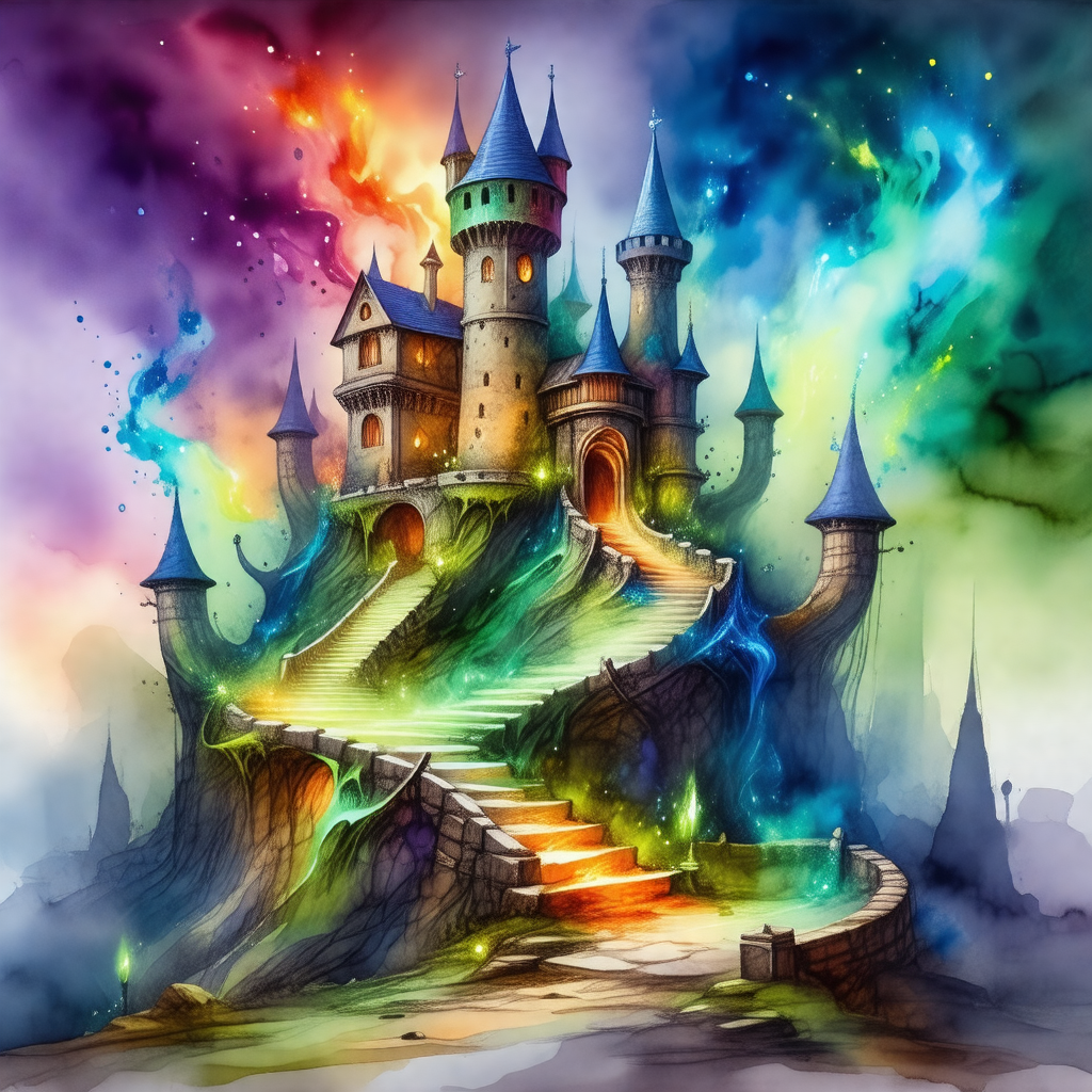 Colorful and detailed illustration of a castle, featuring...