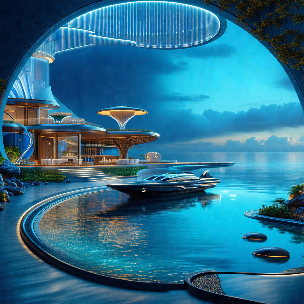 Futuristic painting of a house on stilts, situated on a b...