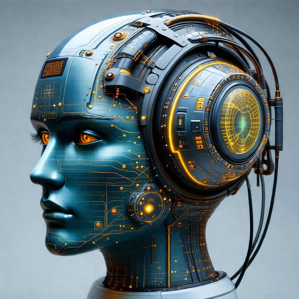 Futuristic robot head with a blue and yellow color scheme