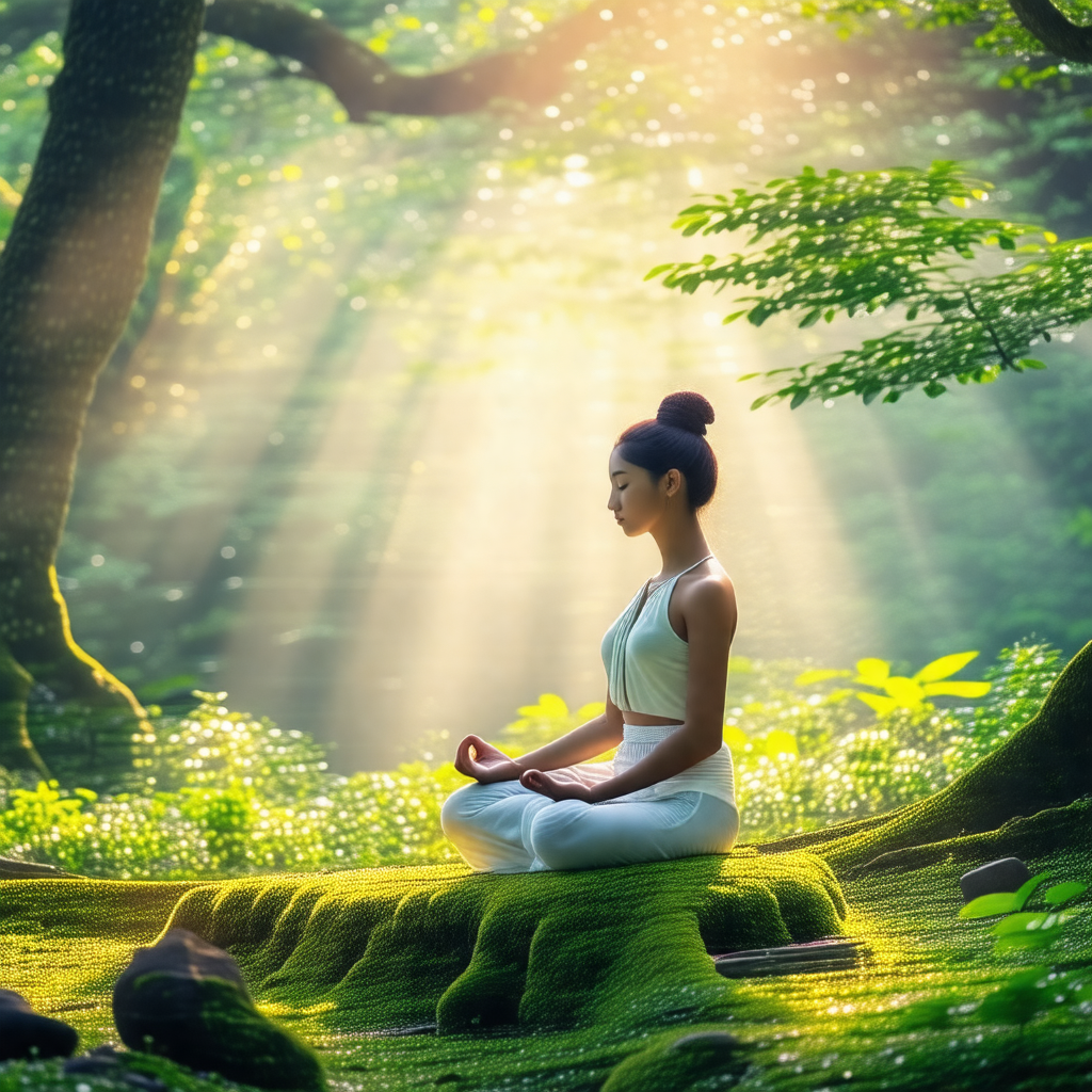 Woman sitting in a forest, surrounded by trees and greenery