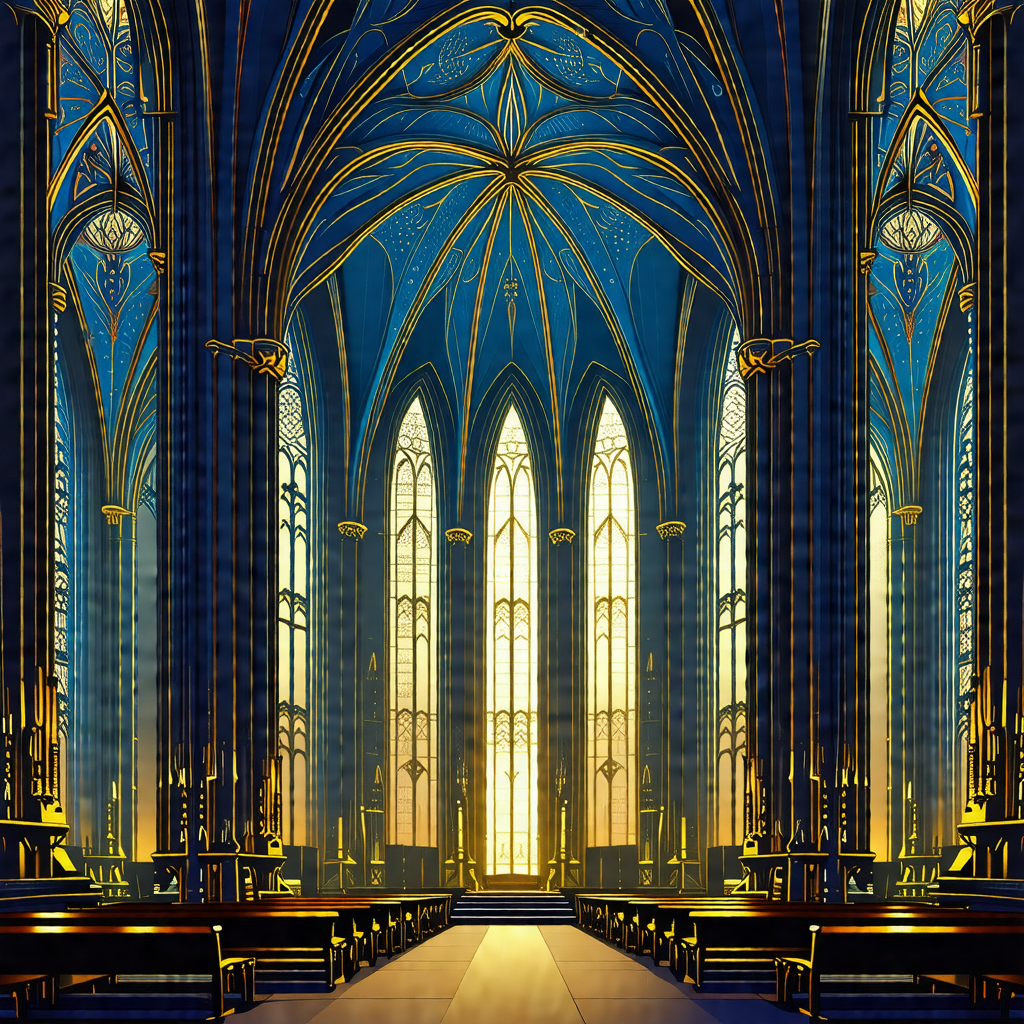 Painting of a large cathedral with a beautiful blue ceiling