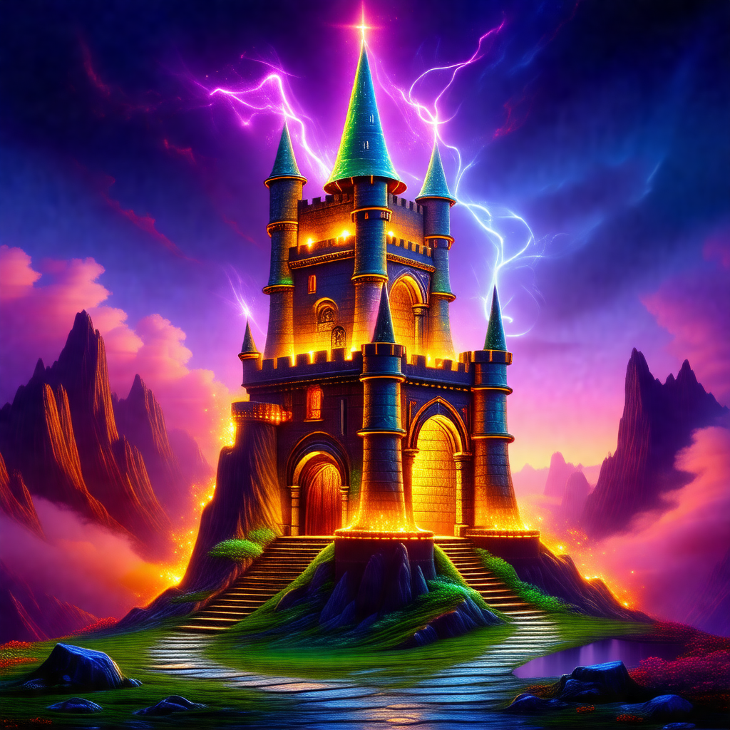 Large, colorful castle with a purple sky in the background
