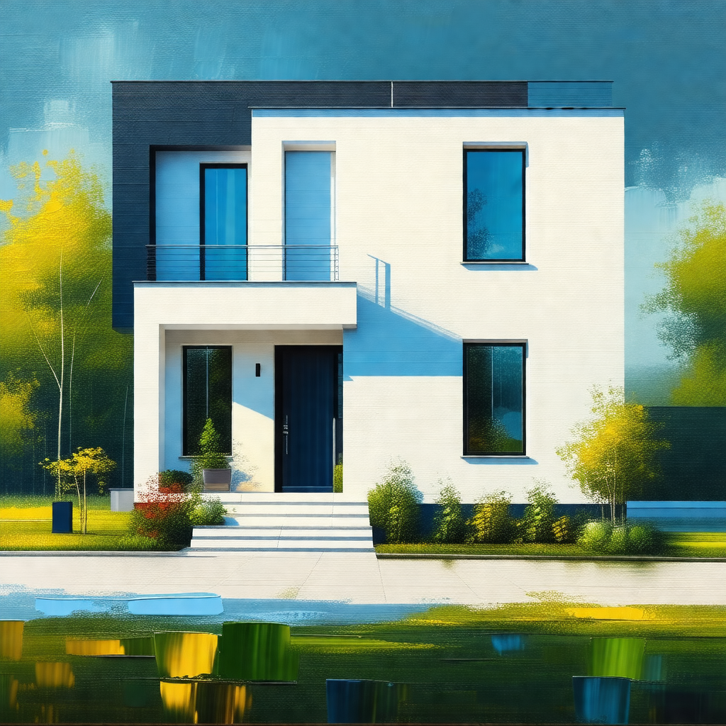 Painting of a large white house with a black roof