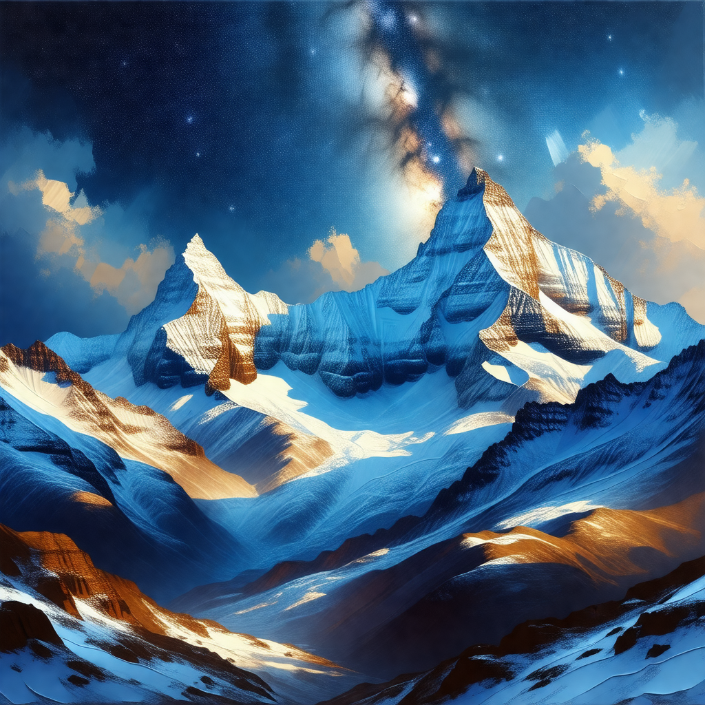 Painting of a mountain range with a blue sky above