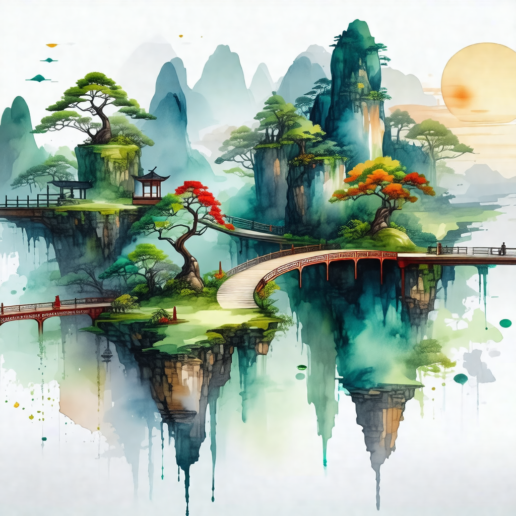 Watercolor painting of a beautiful island with a bridge c...