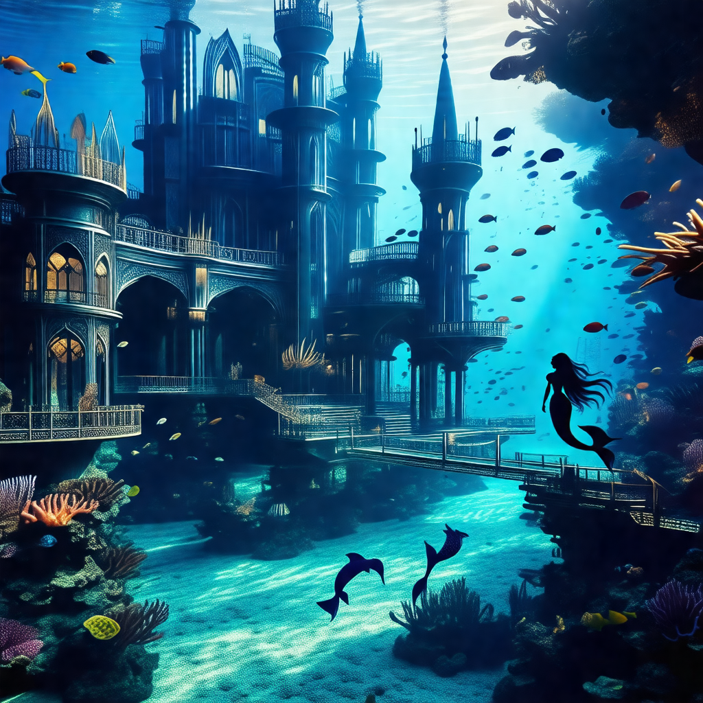 Beautiful mermaid swimming underwater, surrounded by a va...