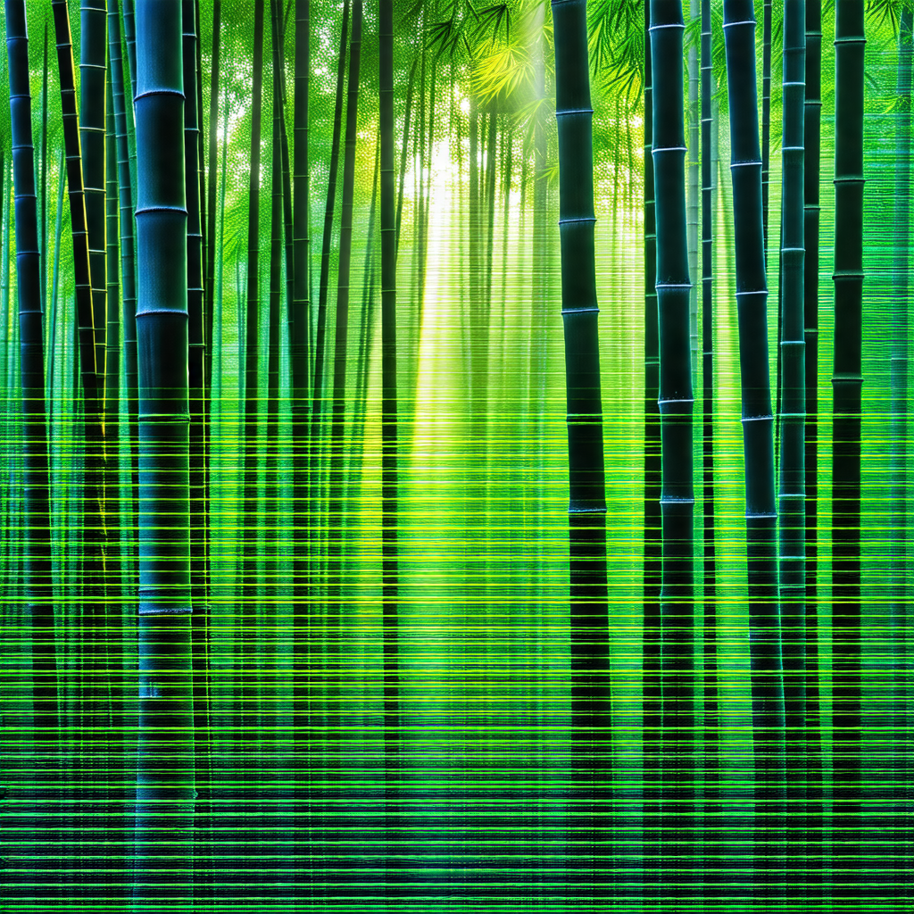 Lush green forest with a dense row of bamboo trees