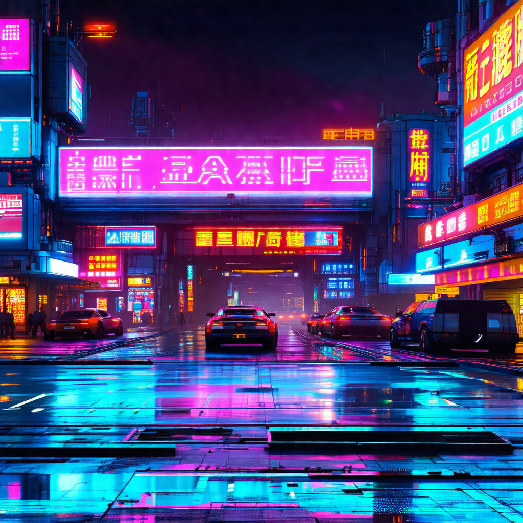 Busy city street at night, with a variety of vehicles and...