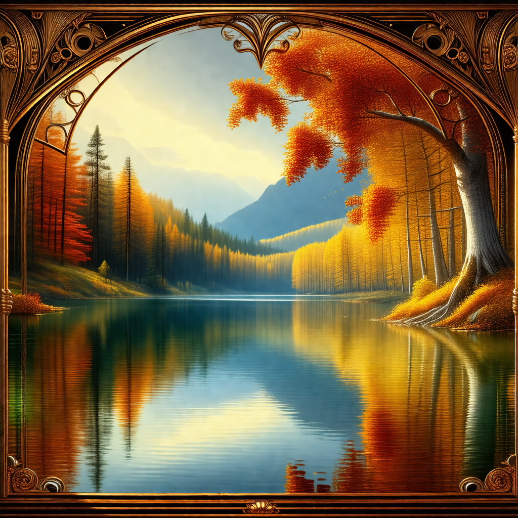 Painting of a serene scene featuring a lake surrounded by...