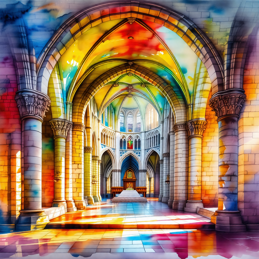 Painting of a large cathedral with a colorful stained gla...