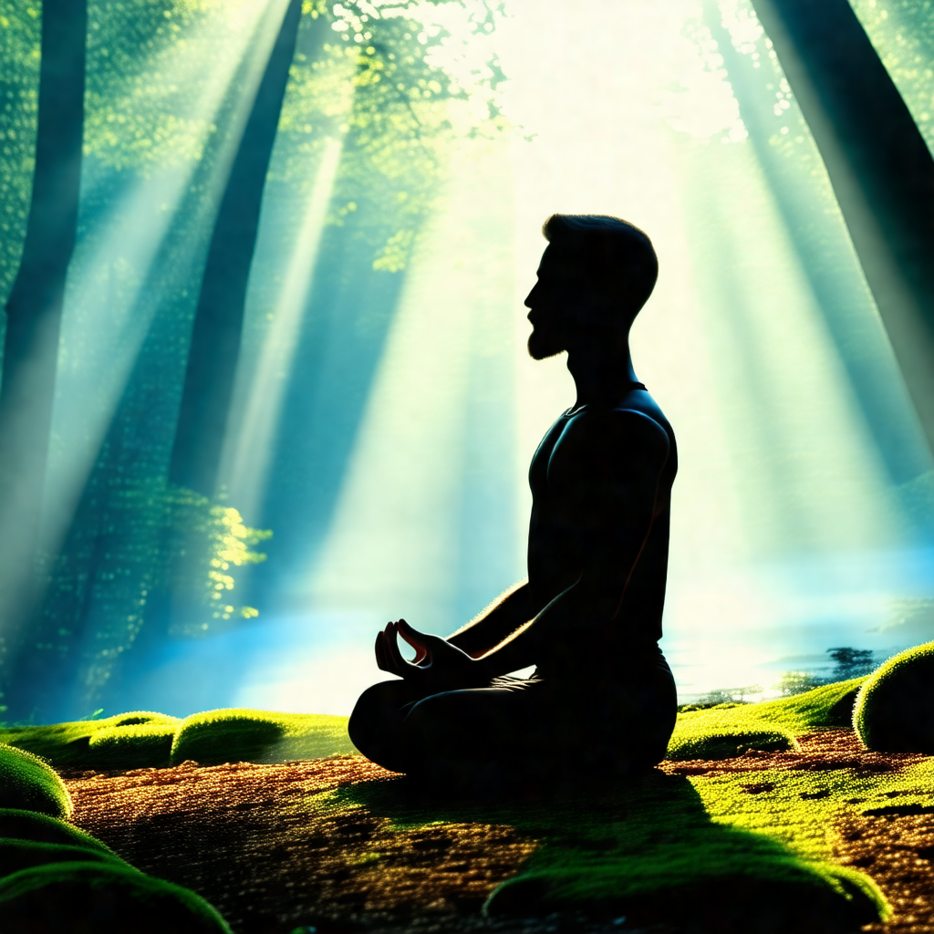 Man sitting in a forest, surrounded by trees