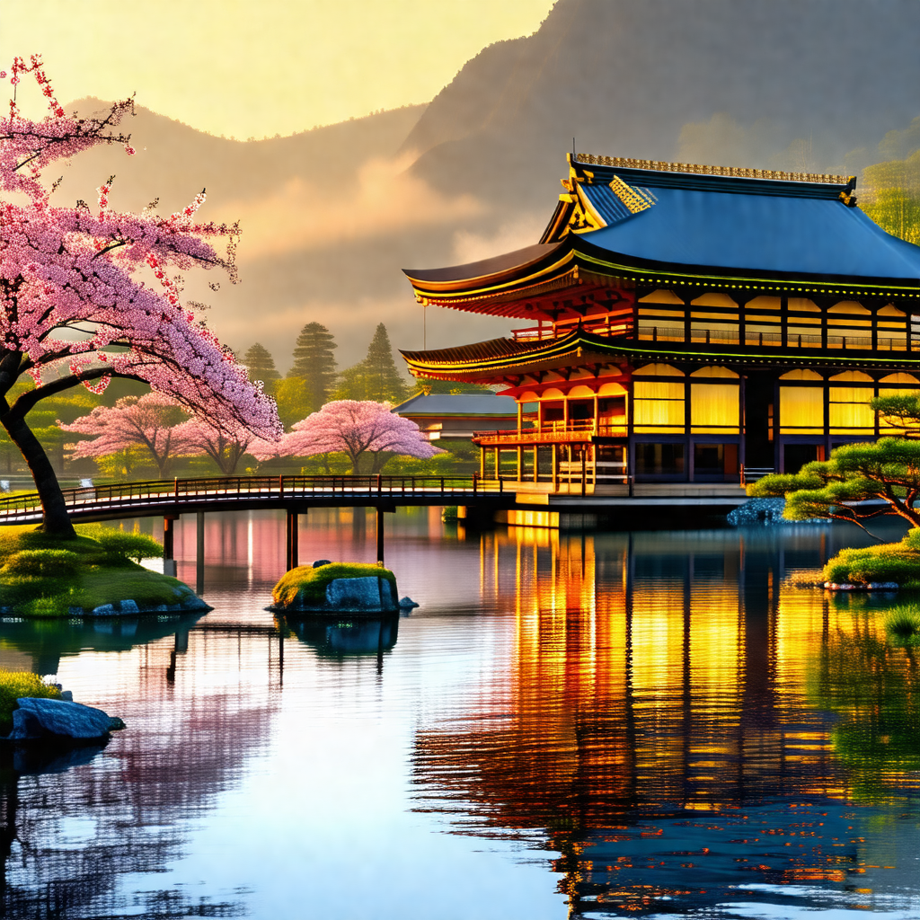 Beautiful japanese garden with a large, ornate building i...