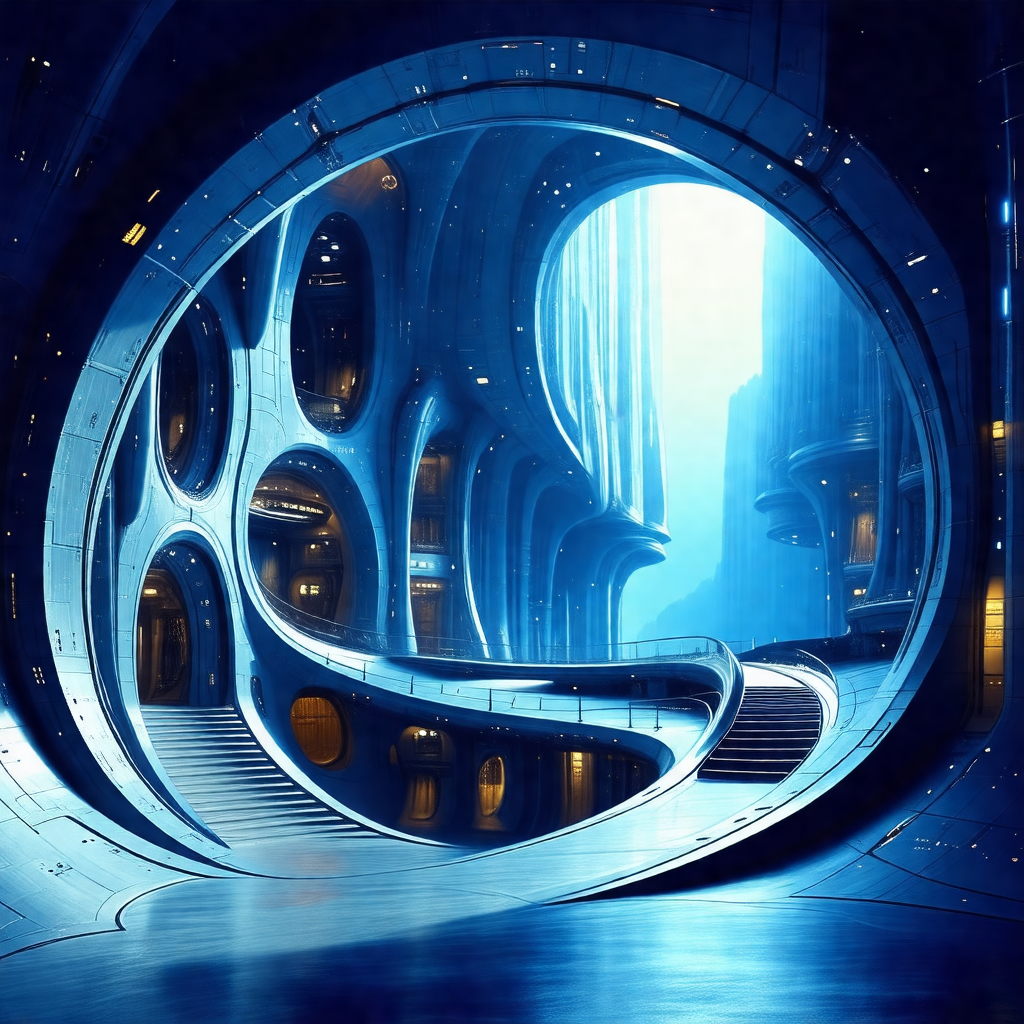 Futuristic building with a large, curved glass wall