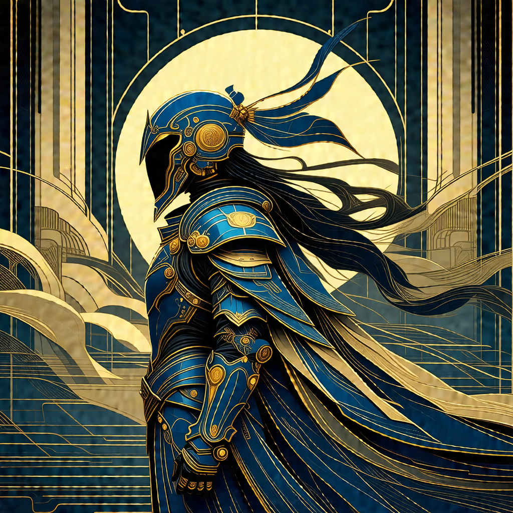 Person wearing a blue and gold armor, standing in front o...