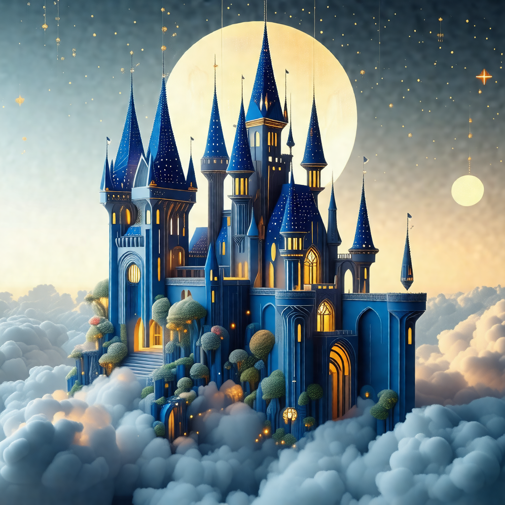 Beautiful blue castle with a large, round tower