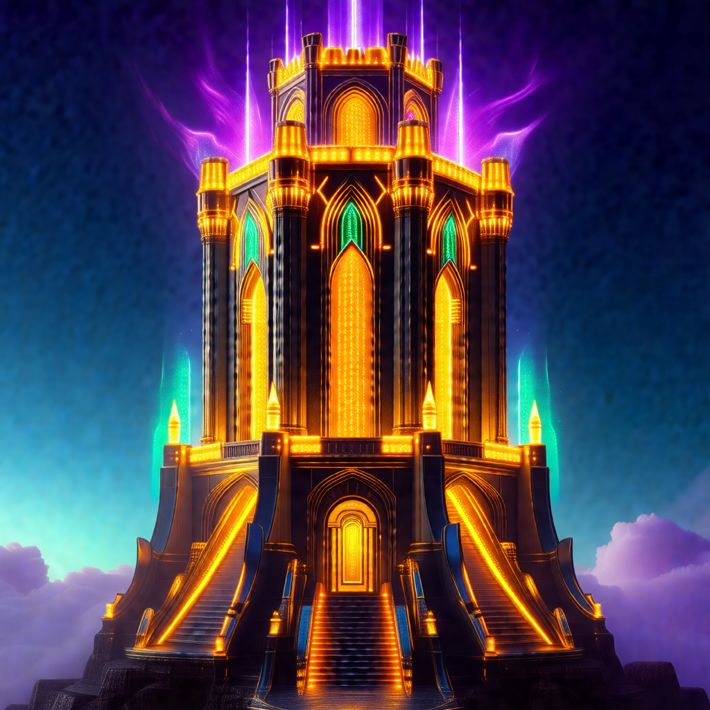 Large, colorful castle with a tall tower