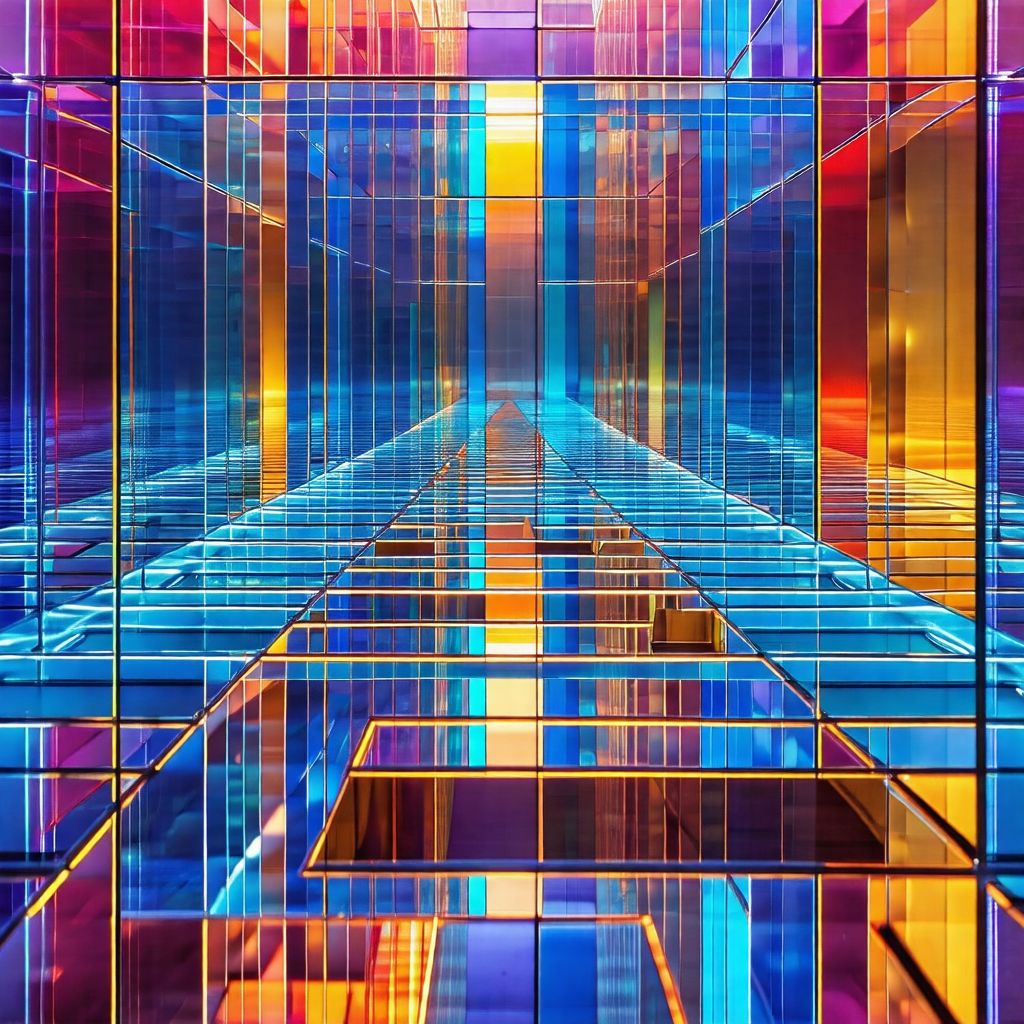 Colorful, abstract art piece featuring a long, narrow hal...