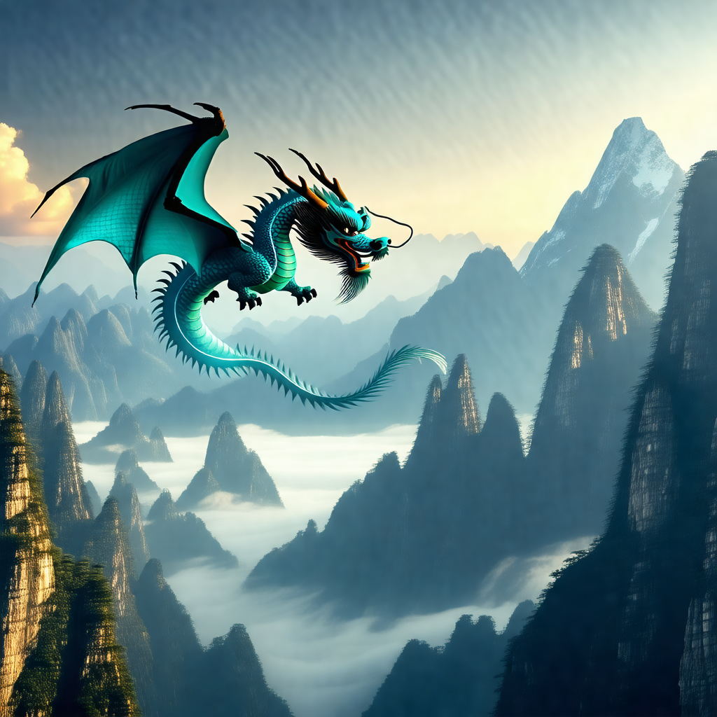 Dragon flying through the sky, with its mouth open