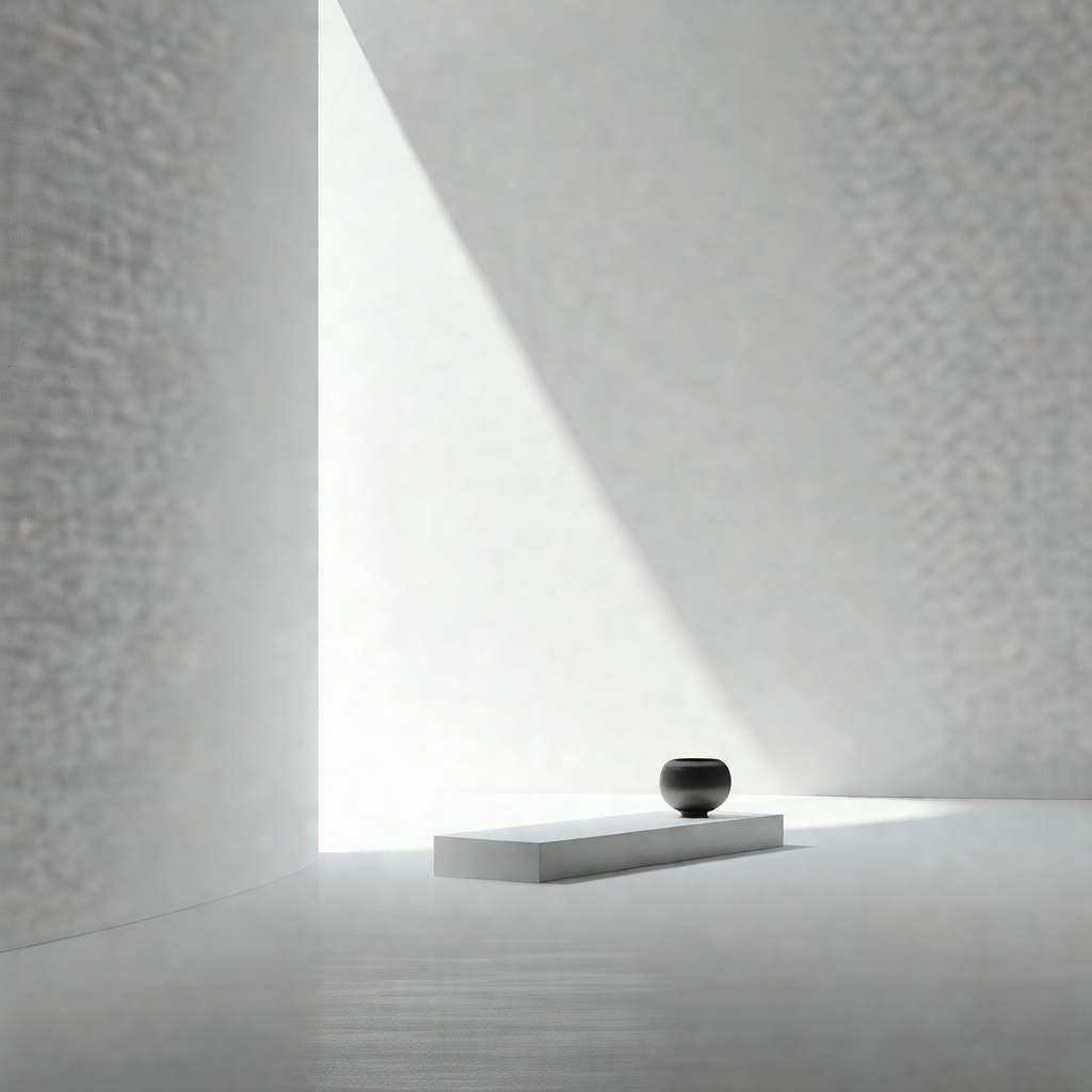 White room with a small black sphere placed on a white pe...