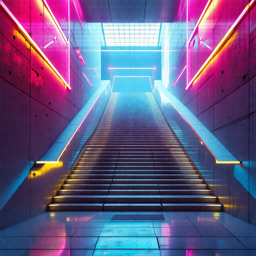 Staircase with a blue light illuminating the steps