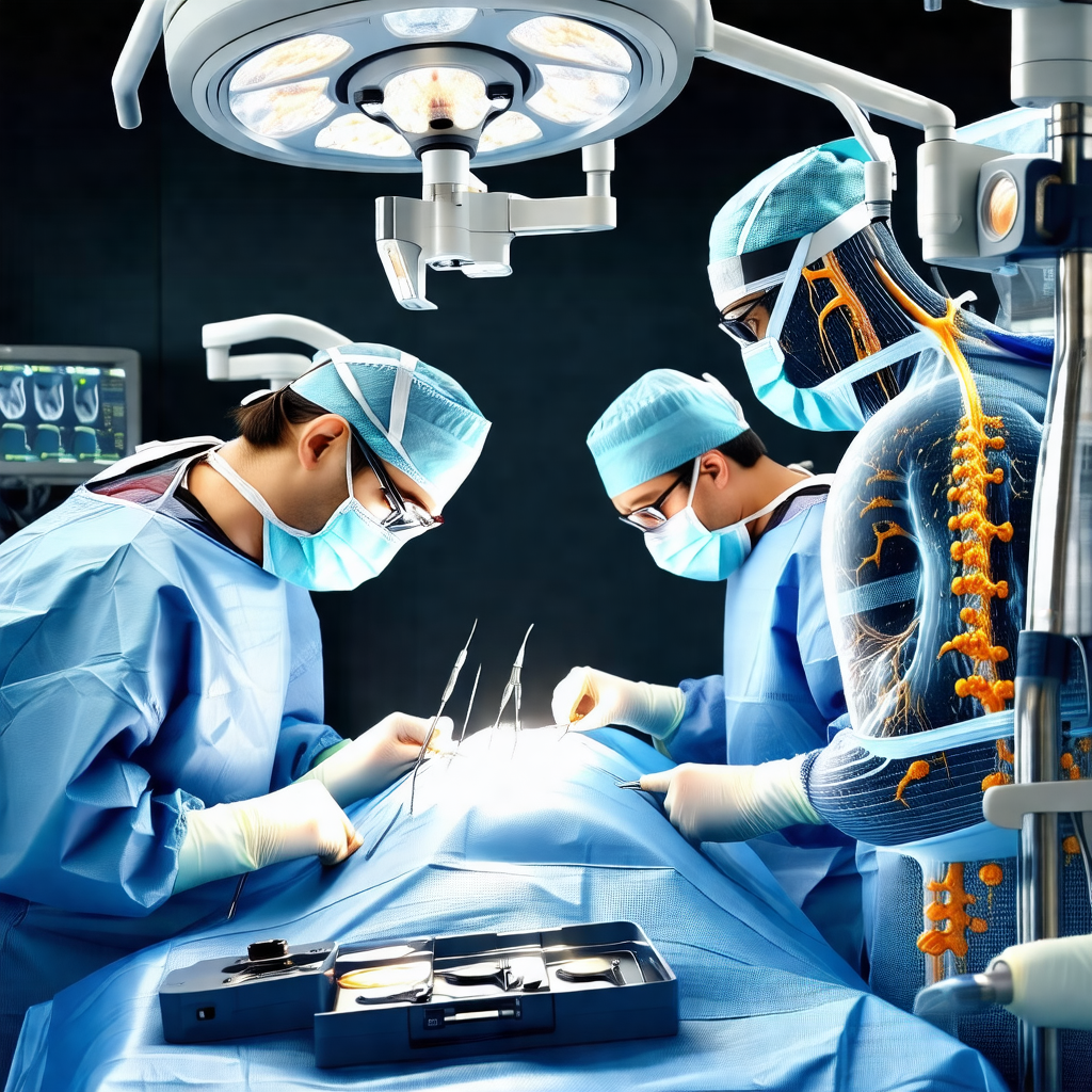 Surgical scene with three doctors working together on a p...