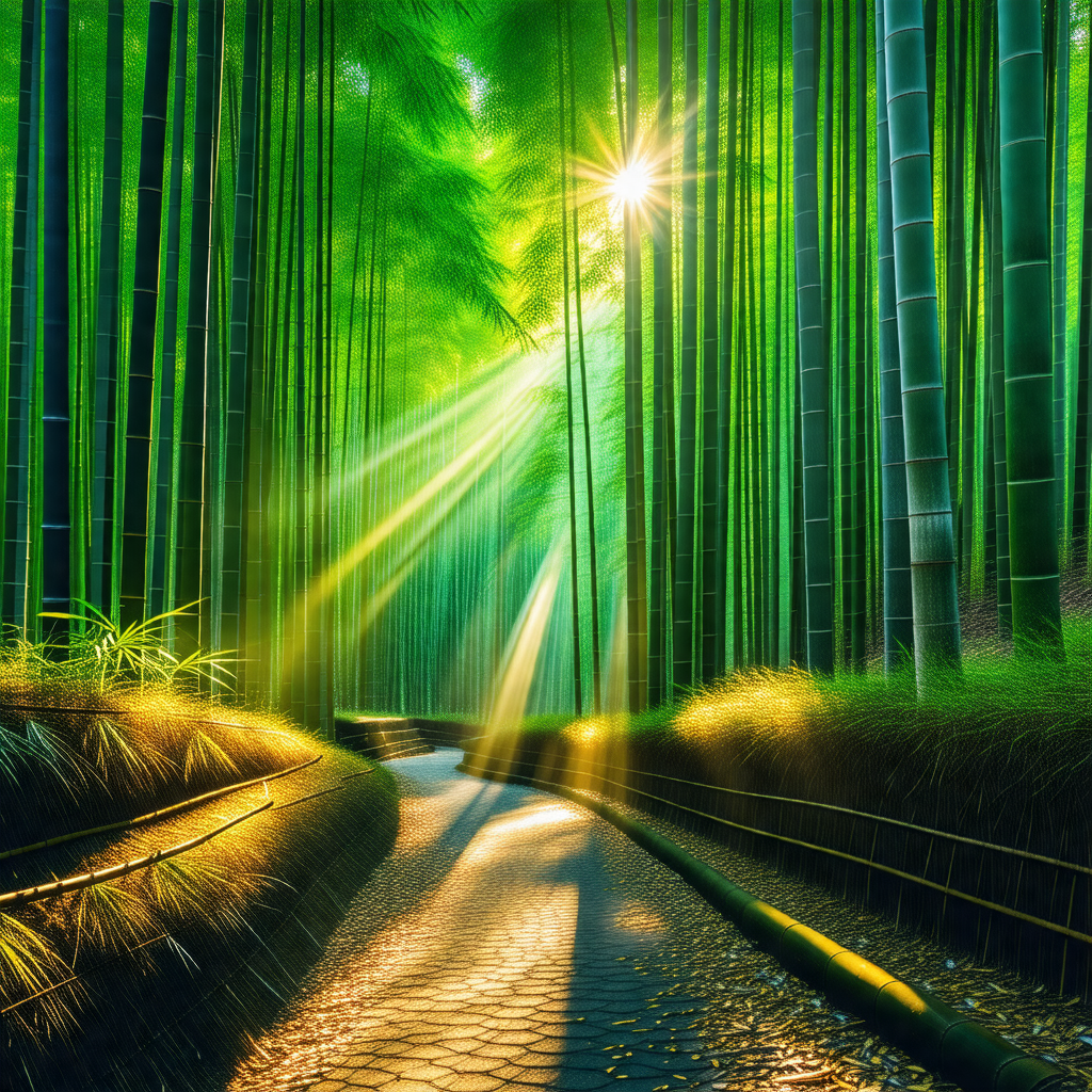 Pathway surrounded by a forest of tall, slender bamboo trees