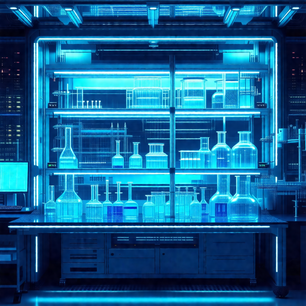 Laboratory with a large blue light illuminating the area