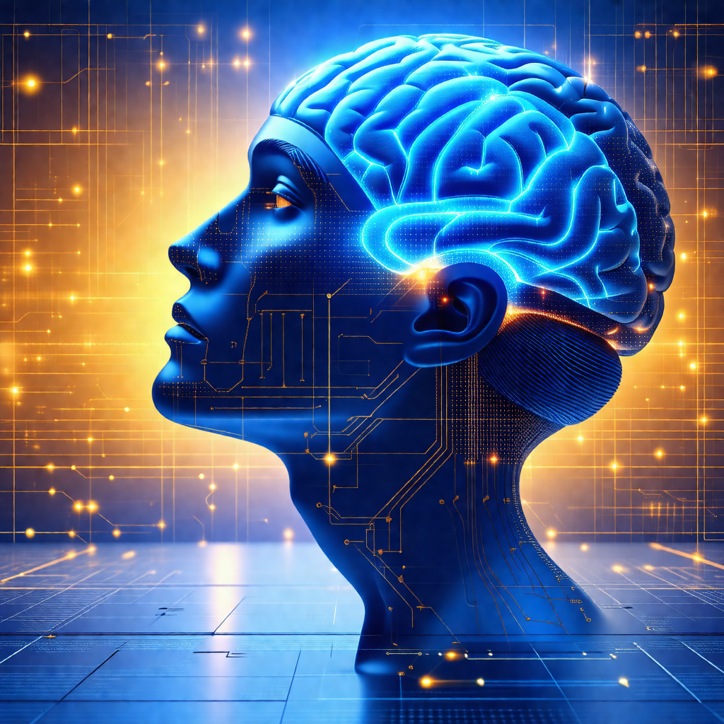 Close-up of a human head with a blue brain