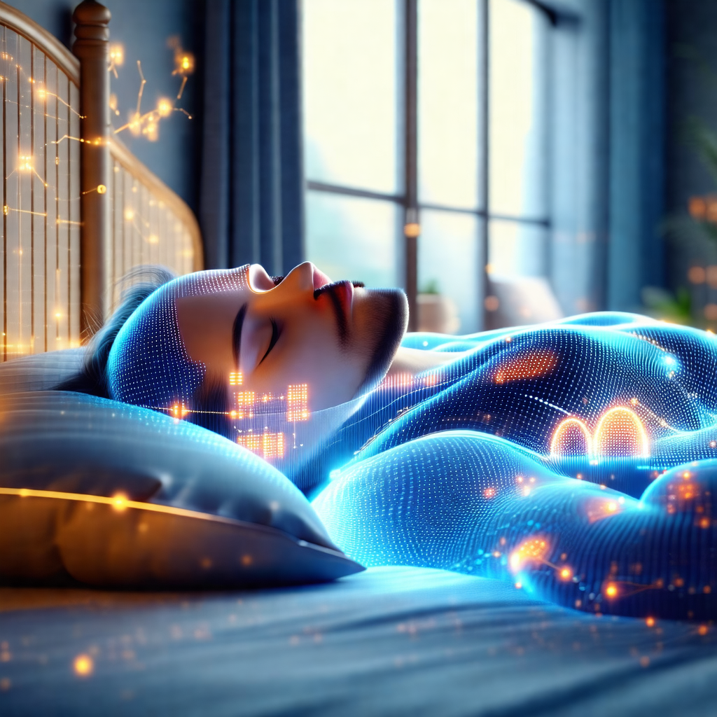 Person lying in bed, with a blue glow surrounding them
