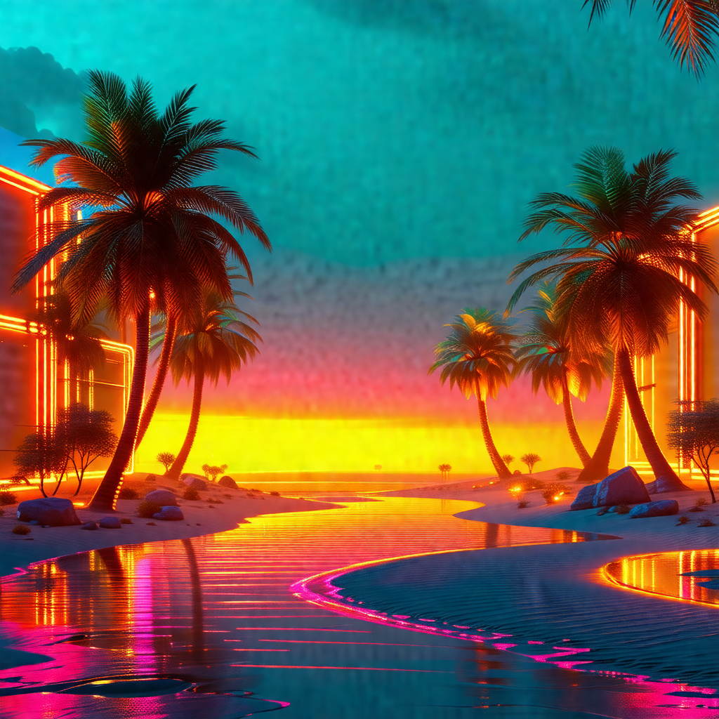 Colorful, artistic depiction of a beach scene at sunset