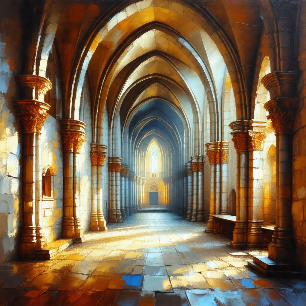 Painting of a large, ornate cathedral with a long hallway
