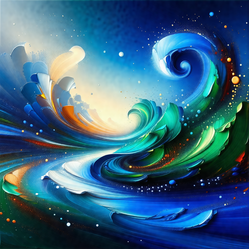 Painting of a blue ocean with a wave crashing