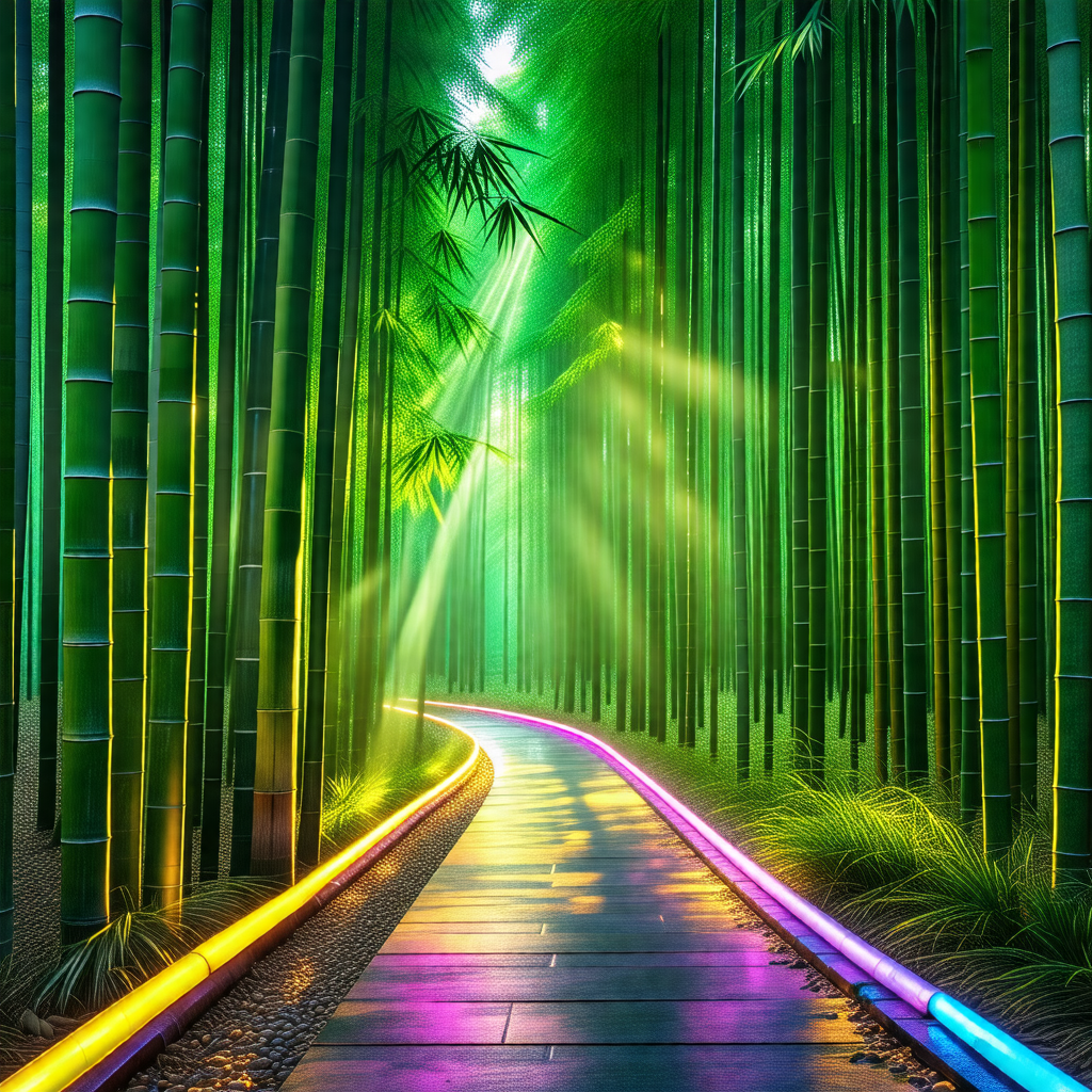 Pathway surrounded by a forest of tall, slender bamboo trees