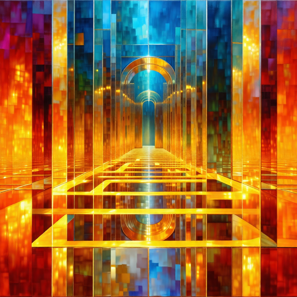 Colorful and vibrant painting of a hallway with a row of ...