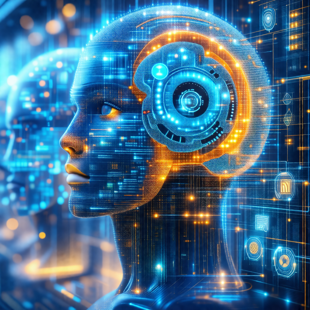 Futuristic robot with a blue and yellow head, resembling ...