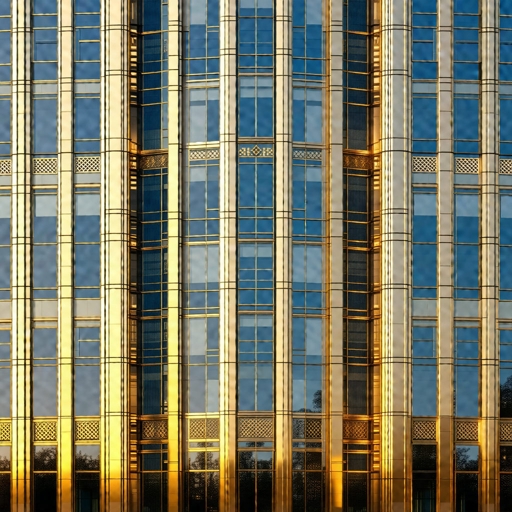 Large, tall building with a gold and brown color scheme