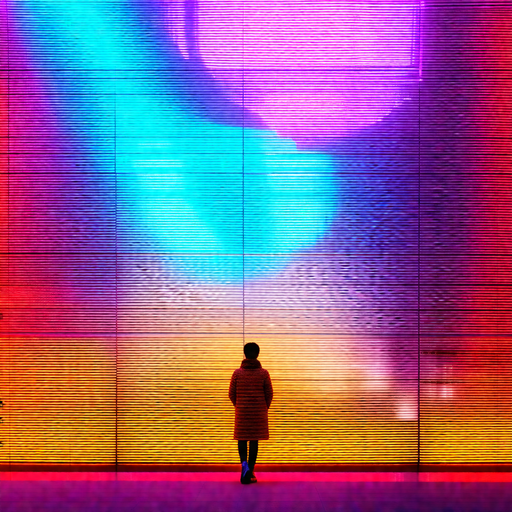 Person standing in front of a large, colorful wall