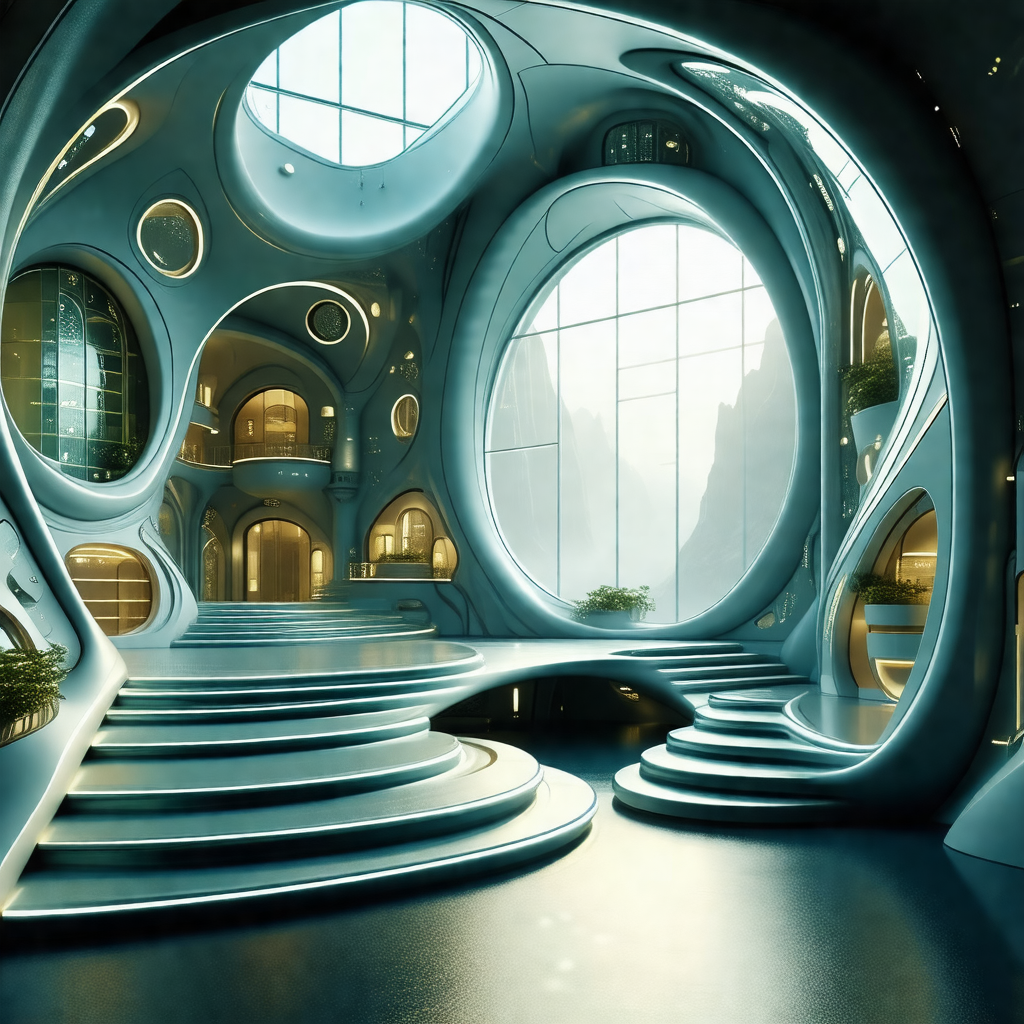 Futuristic, computer-generated drawing of a large, curved...