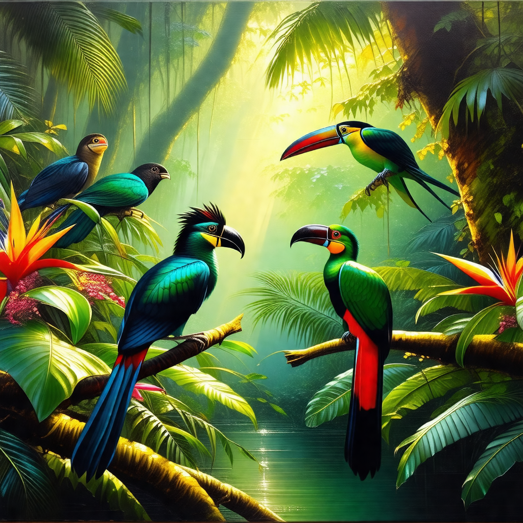 Lush green forest with a group of colorful birds perched ...