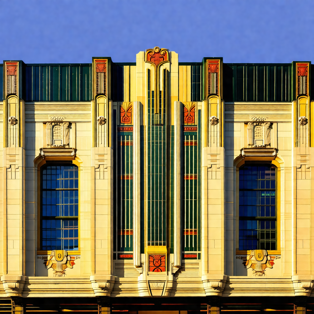 Large, ornate building with a prominent green and yellow ...