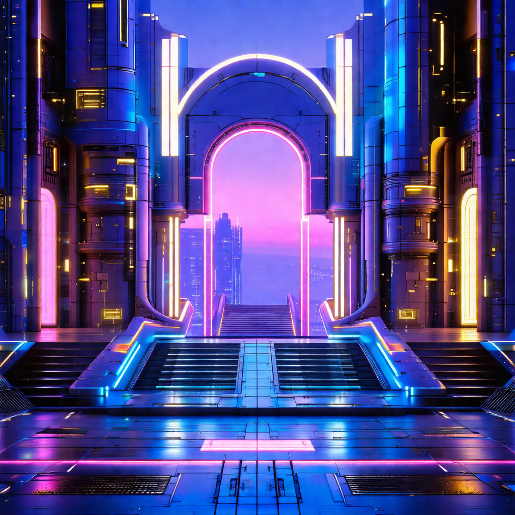 Futuristic cityscape with a large, brightly lit building ...