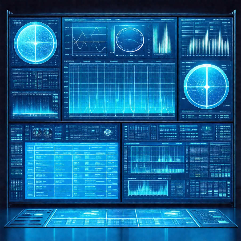 Futuristic scene featuring a large computer screen with v...