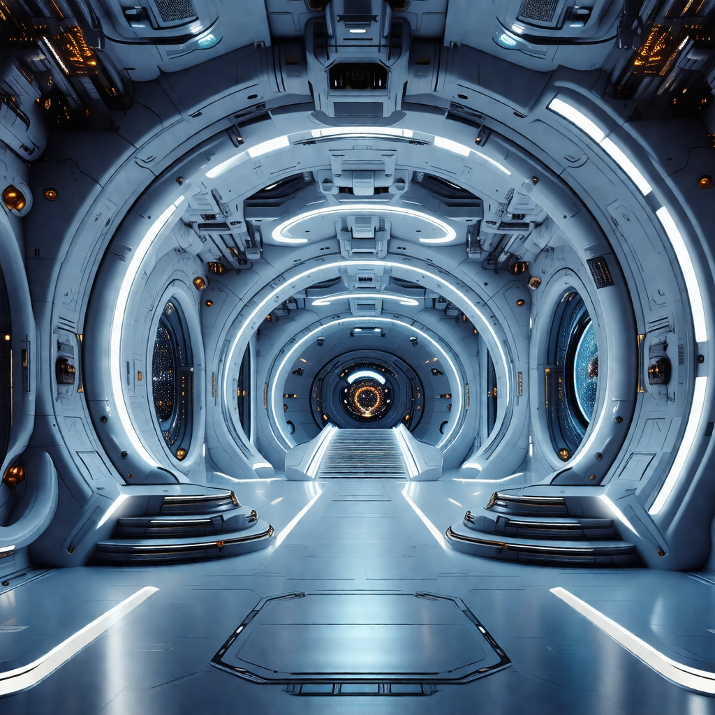 Futuristic space station with a long, narrow hallway