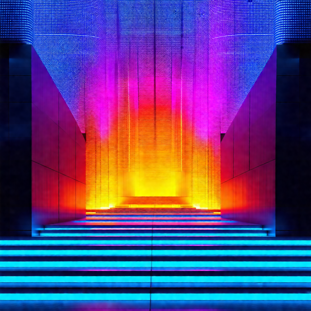 Staircase with a brightly lit, colorful lighting display