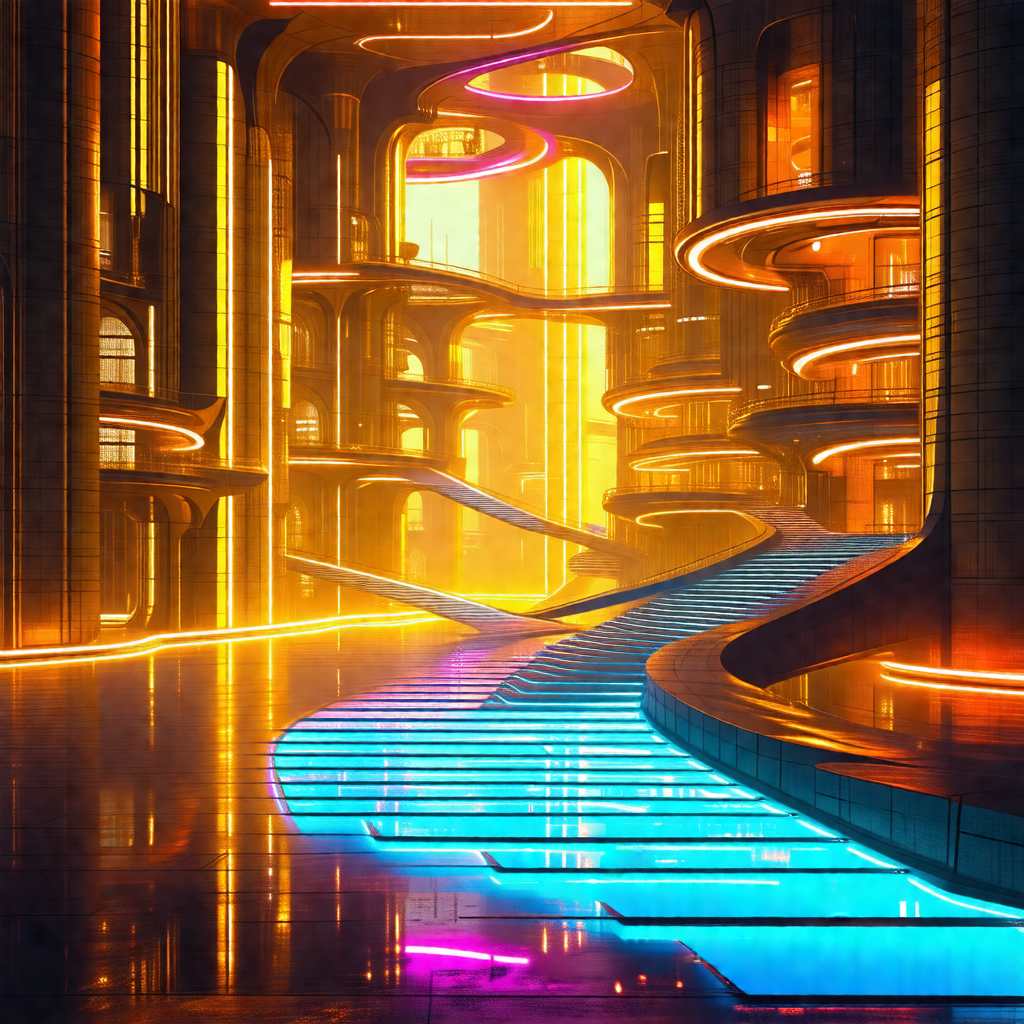 Futuristic cityscape with a long, curved walkway that lea...