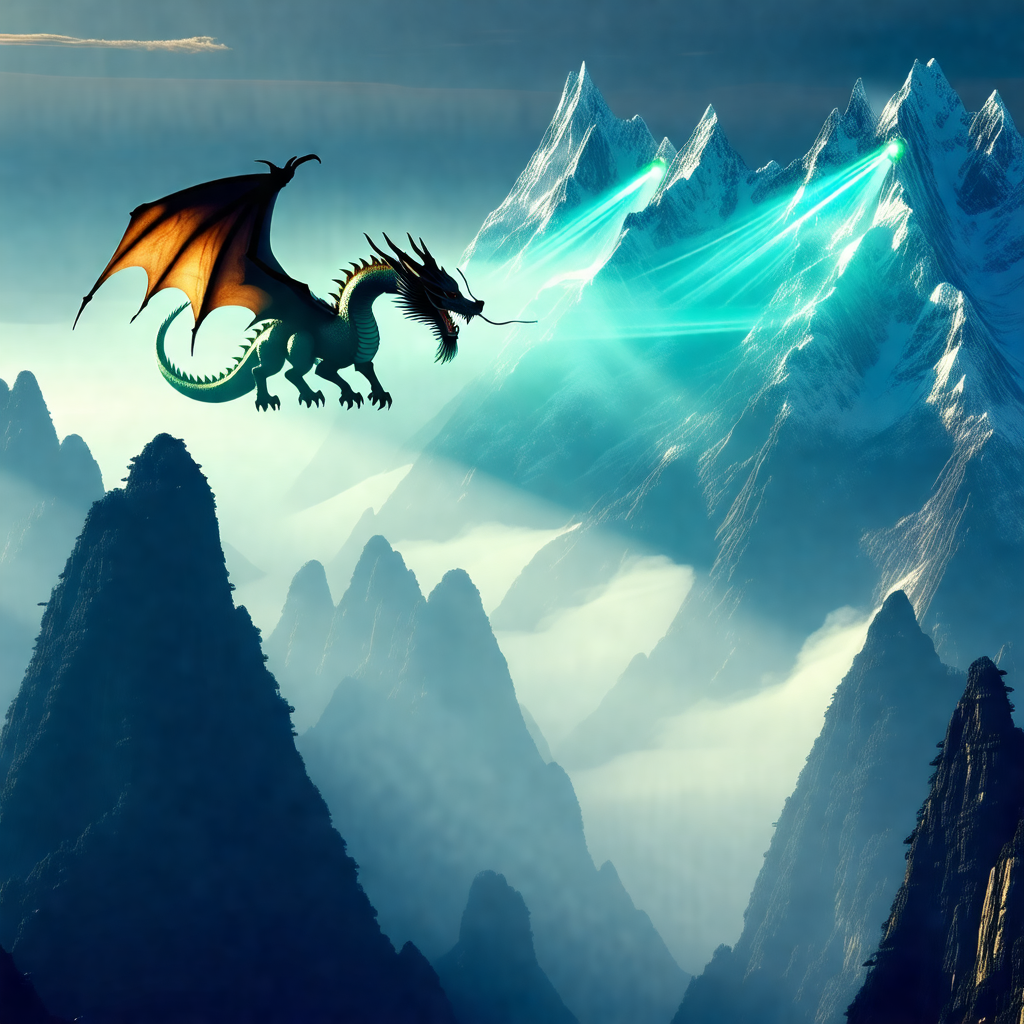 Dragon flying through the sky, with a mountain range in t...