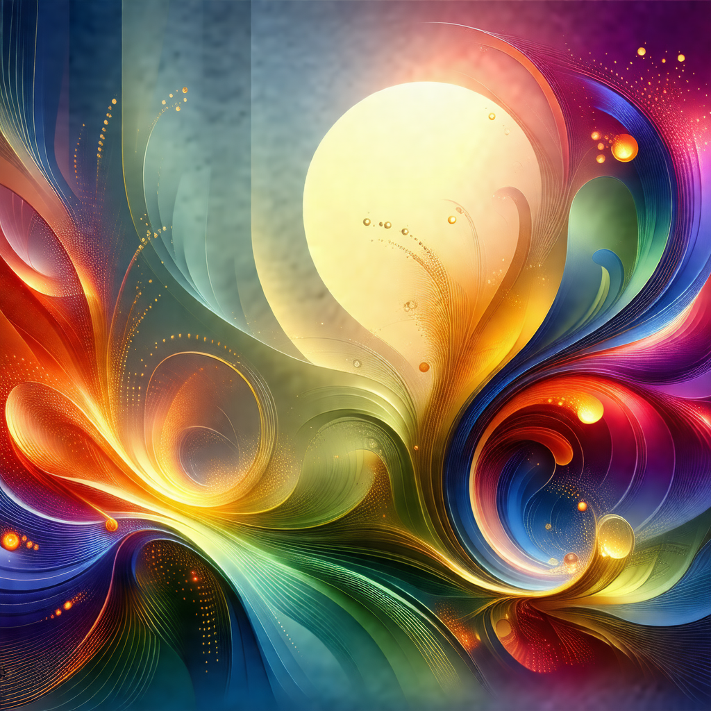 Colorful painting of a sunset, featuring a large sun in t...